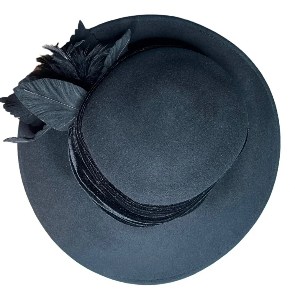 Fine Millinery by August Accessories Black Wool Hat Velvet and Feather W/Leaves - Picture 2 of 4